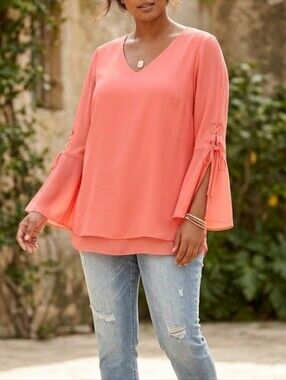 Westport Coral Chiffon Tie Bell Sleeve V-Neck Tunic Blouse Top
